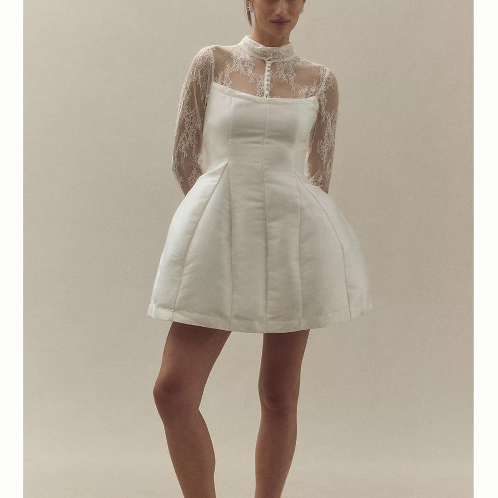 BHLDN long sleeve high neck lace fit and flare mini dress